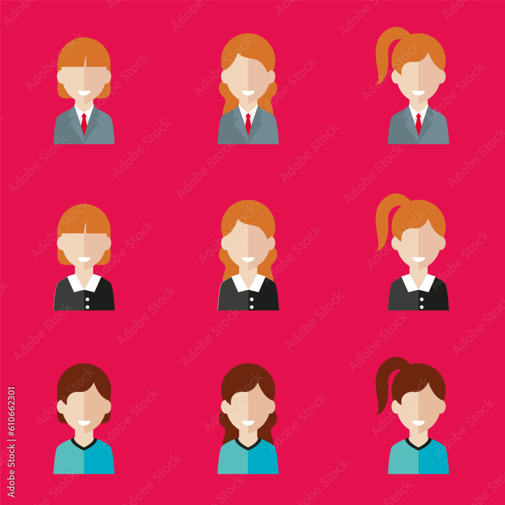 Simple avatar icons of various business women. Icon isolated on pink background. Illustration vector. Simple avatar icons of various business women. Icon isolated on pink background. Illustration vector.