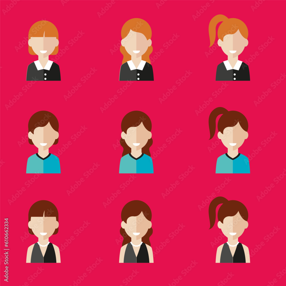 Simple avatar icons of various business women. Icon isolated on pink background. Illustration vector. Simple avatar icons of various business women. Icon isolated on pink background. Illustration vector.