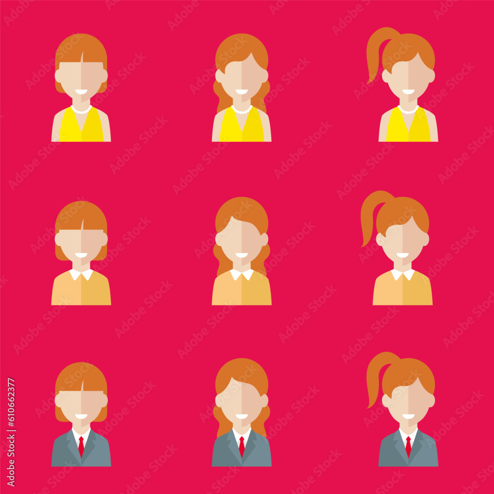 Simple avatar icons of various business women. Icon isolated on pink background. Illustration vector. Simple avatar icons of various business women. Icon isolated on pink background. Illustration vector.