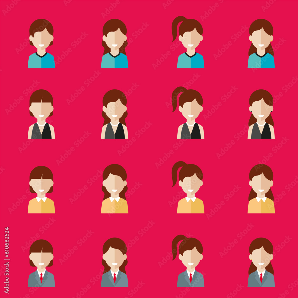 Simple avatar icons of various business women. Icon isolated on pink background. Illustration vector. Simple avatar icons of various business women. Icon isolated on pink background. Illustration vector.
