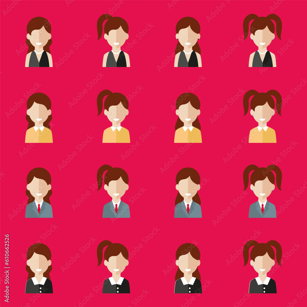 Simple avatar icons of various business women. Icon isolated on pink background. Illustration vector. Simple avatar icons of various business women. Icon isolated on pink background. Illustration vector.