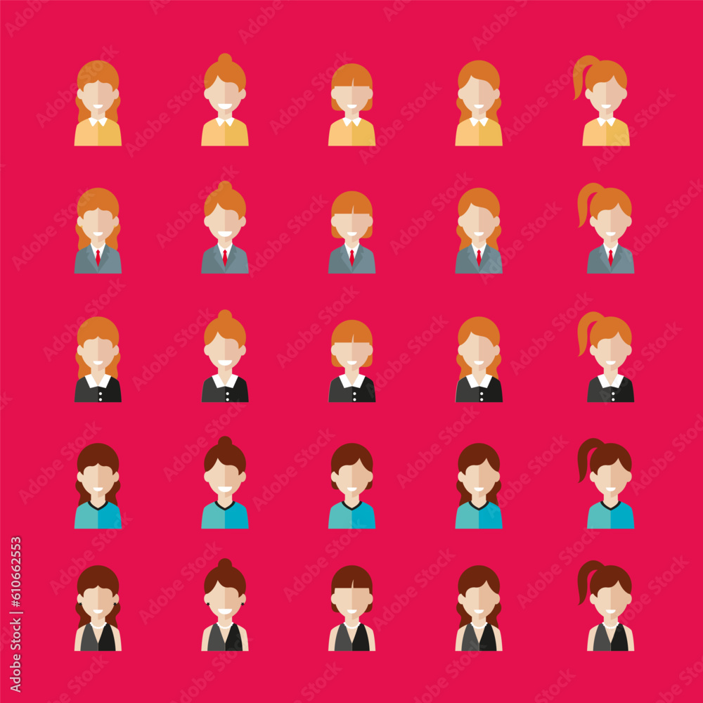 Simple avatar icons of various business women. Icon isolated on pink background. Illustration vector. Simple avatar icons of various business women. Icon isolated on pink background. Illustration vector.