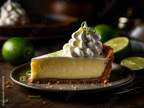 Slice of Key Lime Pie with Whipped Cream and Lime Zest on a Plate Generative AI photo