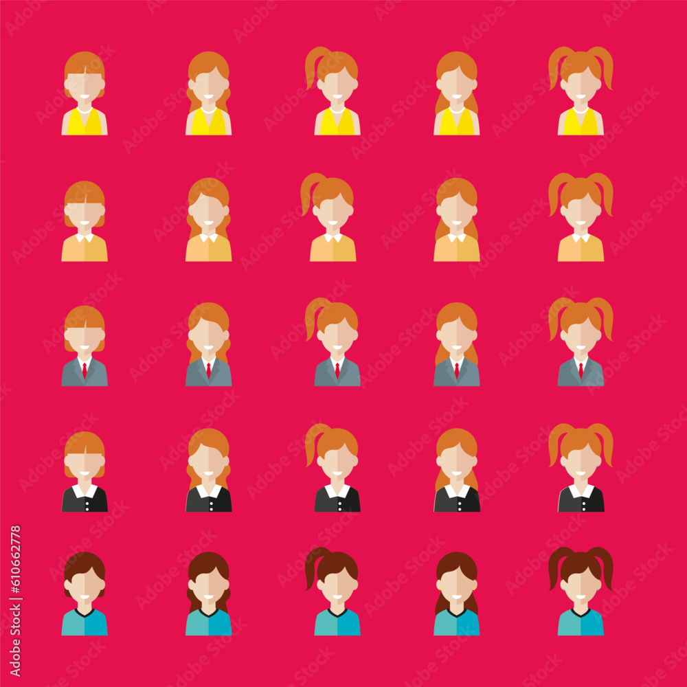Simple avatar icons of various business women. Icon isolated on pink background. Illustration vector. Simple avatar icons of various business women. Icon isolated on pink background. Illustration vector.