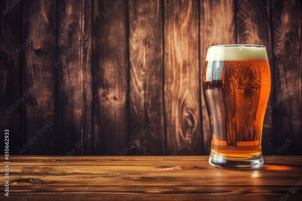 Refreshing glass of beer on a rustic wooden background, offering ample space for your custom message. Generative AI