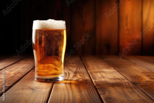 Refreshing glass of beer on a rustic wooden background, offering ample space for your custom message. Generative AI