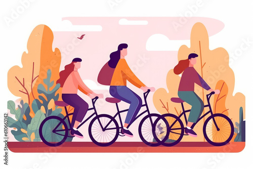 Illustrations of people traveling by bike.