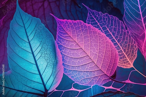 Background with neon light leaves. Generative AI. © hugo