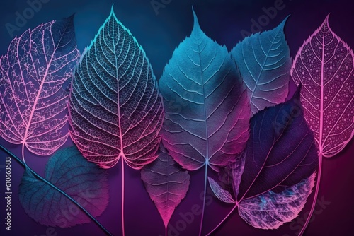 Background with neon light leaves. Generative AI.