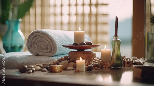 Calming spa composition on massage table in wellness center, serenity, peace, calm, stress-free