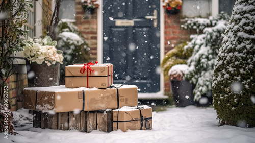 Christmas gifts delivery  postal service and holiday presents online shopping  wrapped parcel boxes on a country house doorstep in a snowing winter  generative ai
