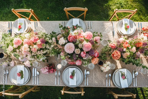 Country tablescape, formal dinner table setting, table scape with strawberry decoration for wedding party and holiday event celebration, generative ai