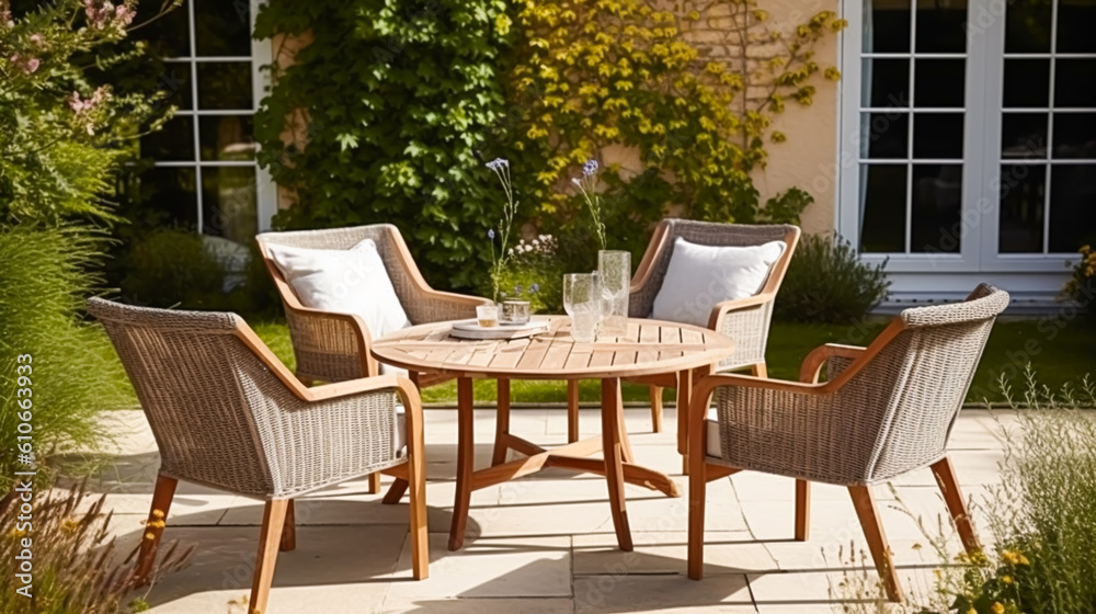 Modern garden lounge, outdoor furniture and countryside house patio decor with sofa, sun lounger, sunbed and umbrella, country cottage style, generative ai Modern garden lounge, outdoor furniture and countryside house patio decor with sofa, sun lounger, sunbed and umbrella, country cottage style, generative ai