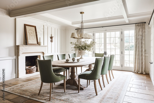 Interior design, white dining room decor and house improvement, furniture, table, chairs and home decor, country cottage style, generative ai