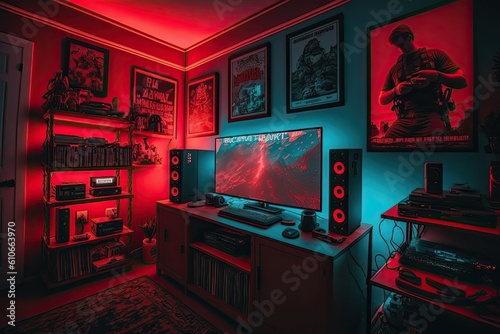 Interior of a room with computer in the red mood background. Generative AI. 