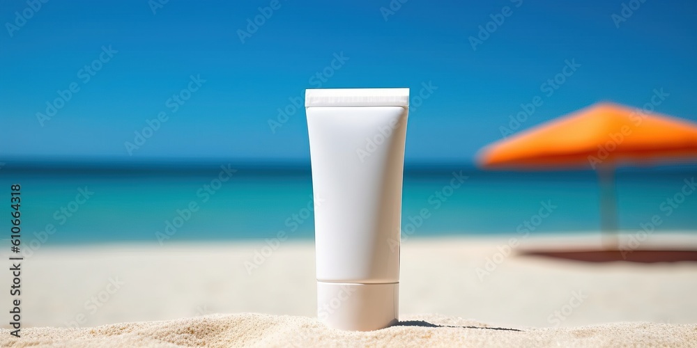 blank customizable sunscreen product on the beach, generative ai blank customizable sunscreen product on the beach, generative ai