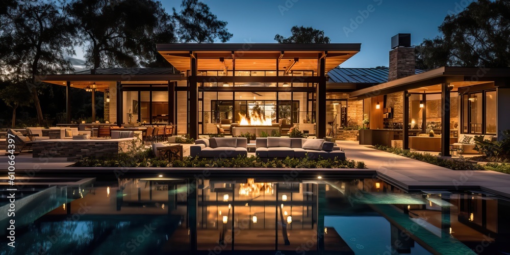 Luxury home with pool at night, generative ai