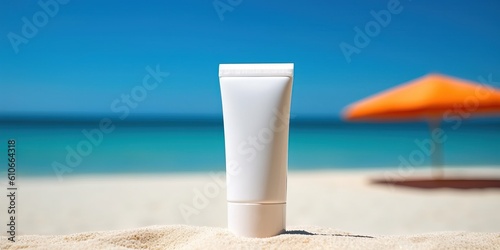 blank customizable sunscreen product on the beach, generative ai © FrankBoston