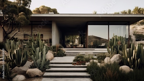  Beautiful minimal house with a cacti garden, generative ai