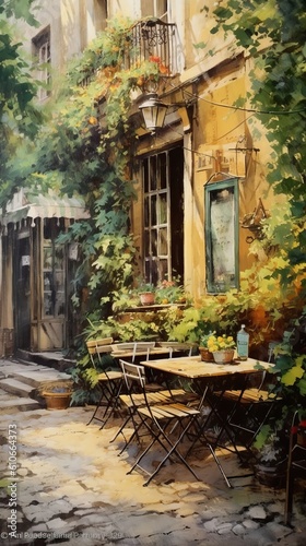 Retro charming caf   with terrace  Parisian style oil painting  generative ai