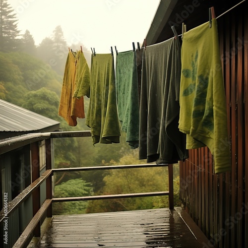 Laundry drying in the rain,...