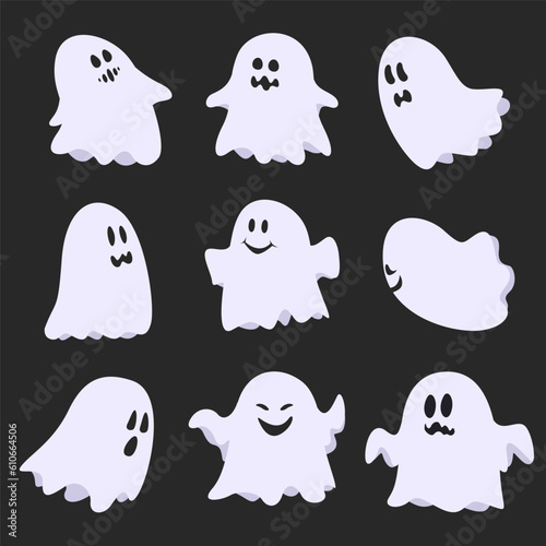 Cartoon halloween ghost, ghosted spooky spirit and mysterious phantoms. Scary ghost characters, fly funny spook, cute smiling scare halloween ghost mascots vector illustration set.