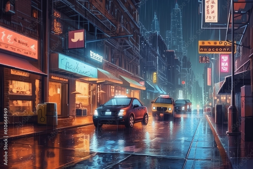 Fototapeta premium Wet street at night with reflection. Generative AI.