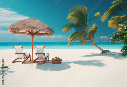 Landscape of the beach with umbrellas and sunbeds for sunbathing. Generative AI.