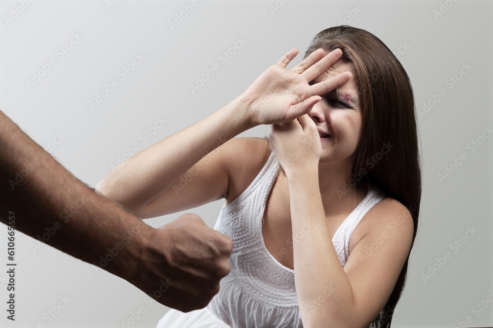 Woman do stop sign, protect with hands, relationship problems Woman do stop sign, protect with hands, relationship problems