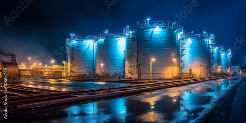 Reservoirs at an oil refinery storage facility at night. Generative AI