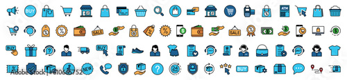 Shopping icons vector set. Online shopping, e-commerce icon collection. Cart, shop, buy, sale, mobile, buttons, pay, discount, delivery and more icon for apps and websites, symbol illustration	