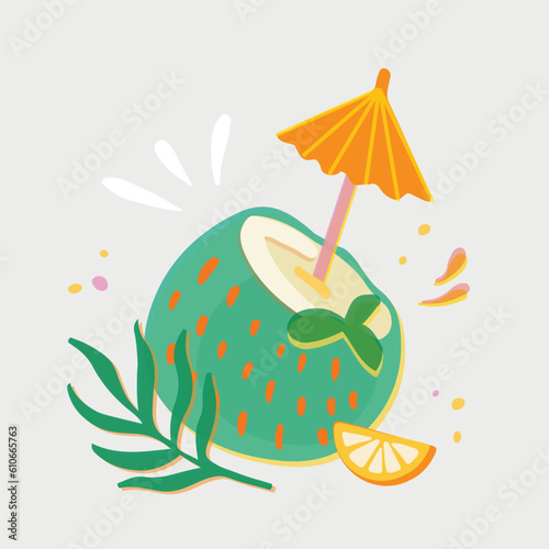 Coconut cocktail vector illustration. Summer cocktail with palm leaf, umbrella and lemon slice in risoprint style. Hand-drawn vivid design for prints, poster, banner