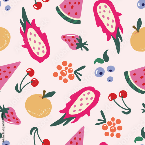 Seamless pattern with colorful fruit and berry on pink background. Hand drawn juicy raspberry, blueberry, cherry, strawberry, watermelon, dragon fruit repeated texture