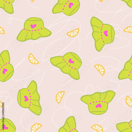 Trendy groovy seamless pattern with green panama and lemons. Retro hippie summer hat scratched texture. Great for textile, fabric, stationery, wallpapers and wrapping