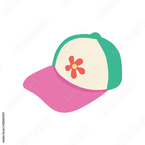 Hand-drawn stylish baseball cap illustration clipart. Cap with groovy hippie flower patch in y2k style