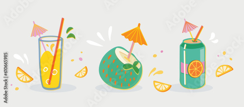 Summer cocktails vector illustration set. Hand drawn coconut cocktails, lemonade, soda can. Lemon, straw, umbrella and bubbles in risoprint style.
