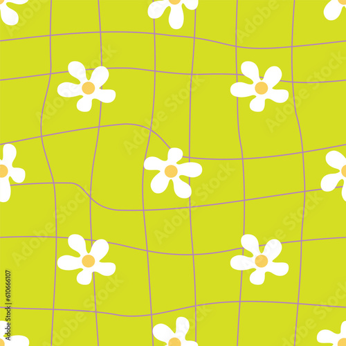 Acid green groovy seamless pattern with white flowers. Retro hippie psychedelic chamomile texture. Melted checkered vector design. Great for textile, fabric, stationery, wallpapers and wrapping