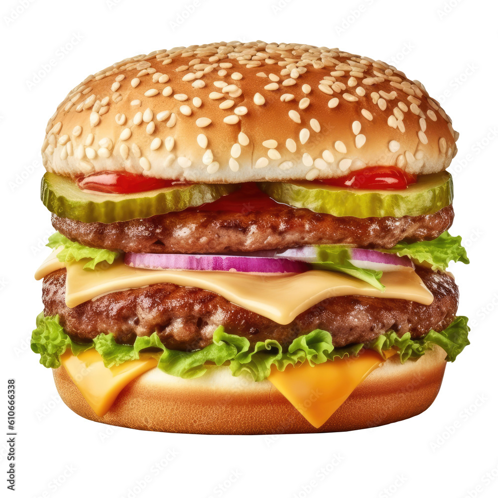 Delicious Double Beef Burger consists of Bun Bread Patty Pickle Onion Mayonaisse Ketchup Cheddar Cheese and lettuce Delicious Double Beef Burger consists of Bun Bread Patty Pickle Onion Mayonaisse Ketchup Cheddar Cheese and lettuce