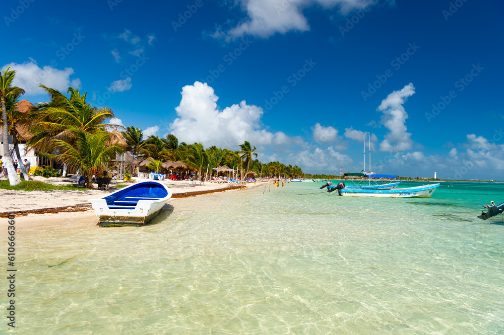 Costa Maya, Mexico - February 01, 2016: boat at summer vacation beach, copy space