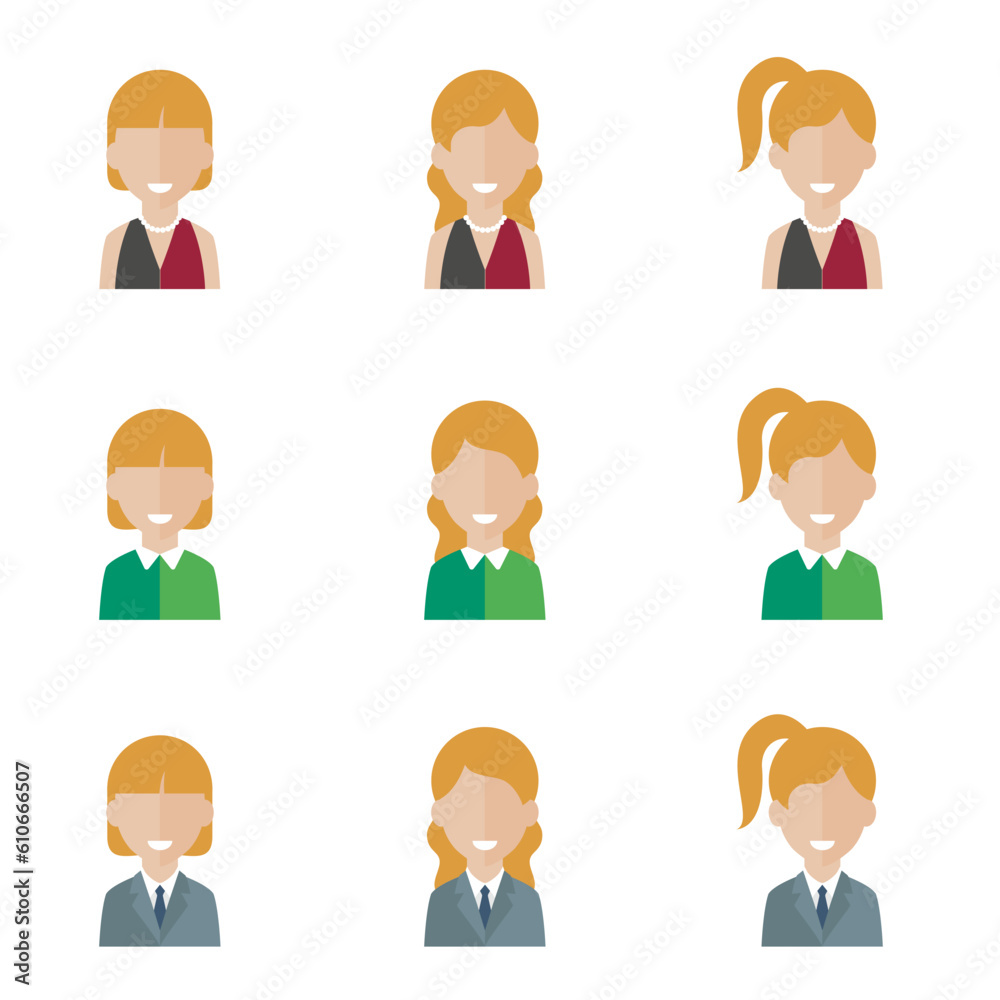 Simple avatar icons of various business women. Icon isolated on white background. Simple avatar icons of various business women. Icon isolated on white background.