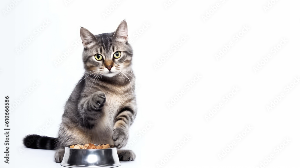 Fototapeta premium Happy cat with delicious cat food. Generative AI