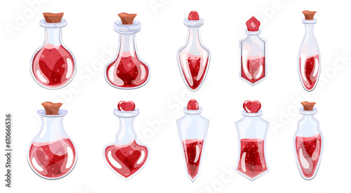 Set of bottles with red potion and stopper in cartoon style. isolated. Vector stock illustration. Items for games. White background. Fairy tales. Halloween and holiday. beauty and fashion