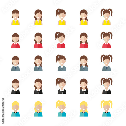 Simple avatar icons of various business women. Icon isolated on white background.