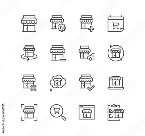 Set of shop management related icons, increase sales, supermarket, boutique, showroom building and linear variety vectors.