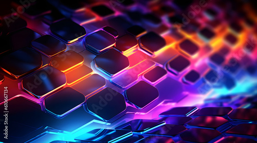 Create a futuristic and technology-themed abstract background image with vibrant neon colors and dynamic shapes.