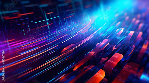 Create a futuristic and technology-themed abstract background image with vibrant neon colors and dynamic shapes.