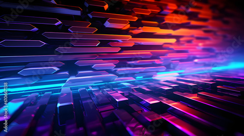 Create a futuristic and technology-themed abstract background image with vibrant neon colors and dynamic shapes.