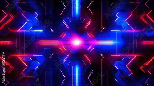 Create a futuristic and technology-themed abstract background image with vibrant neon colors and dynamic shapes.