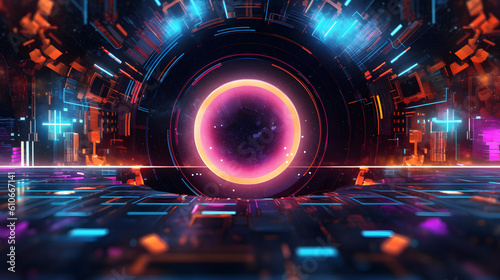 Create a futuristic and technology-themed abstract background image with vibrant neon colors and dynamic shapes.