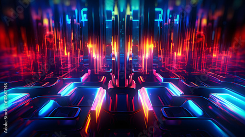 A futuristic and technology-themed abstract background image with vibrant neon colors and dynamic shapes.
